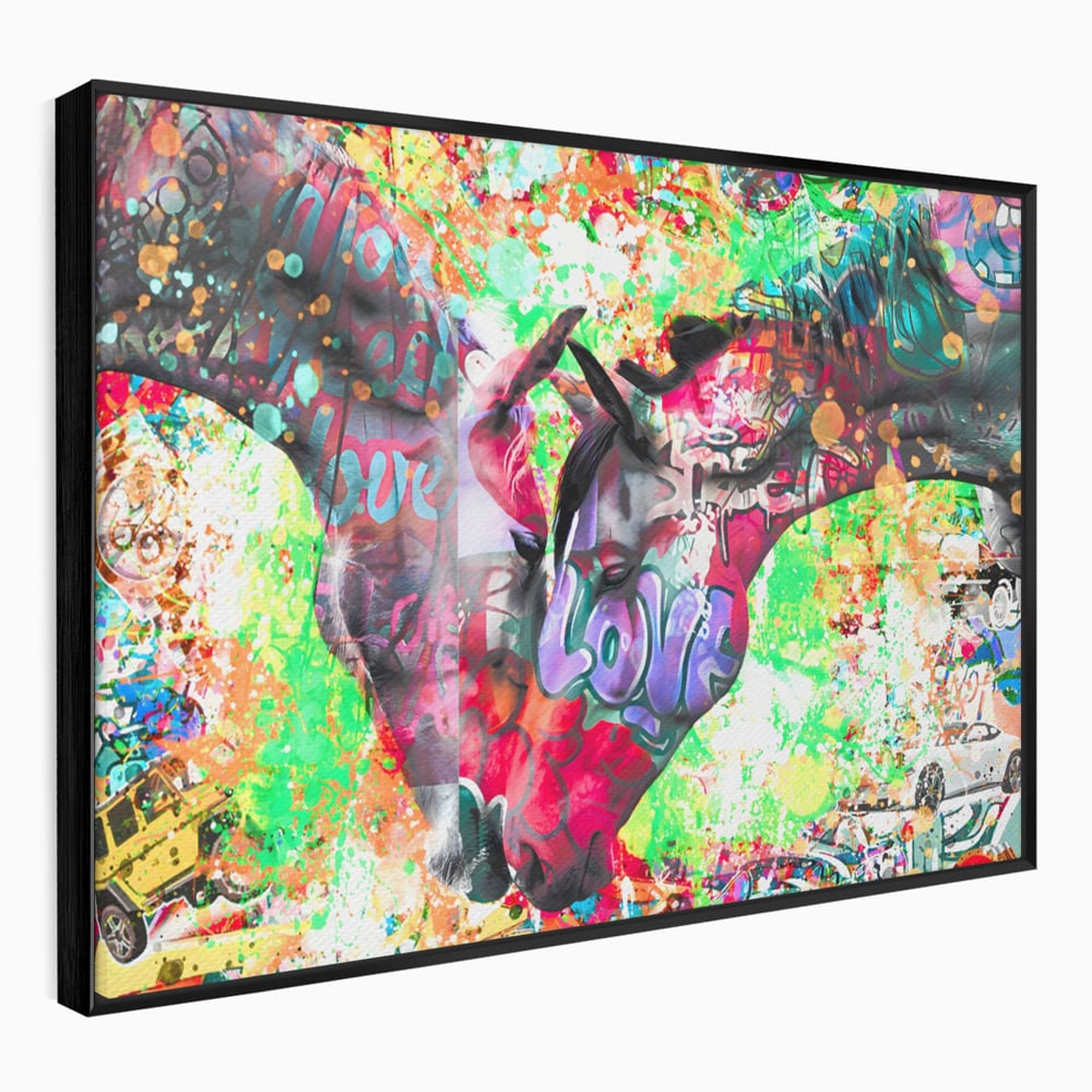 Tablou canvas cu tablou canvas cu doi cai si graffiti colorat, in rama de aluminiu negru